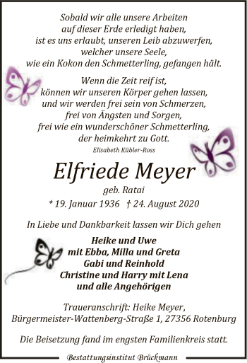 Traueranzeige von Elfriede Meyer von SYK