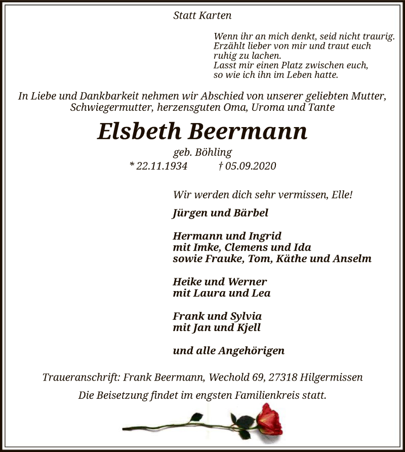  Traueranzeige für Elsbeth Beermann vom 08.09.2020 aus SYK
