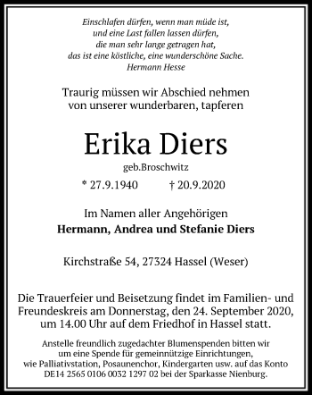 Traueranzeige von Erika Diers von SYK