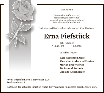 Traueranzeige von Erna Fiefstück von SYK