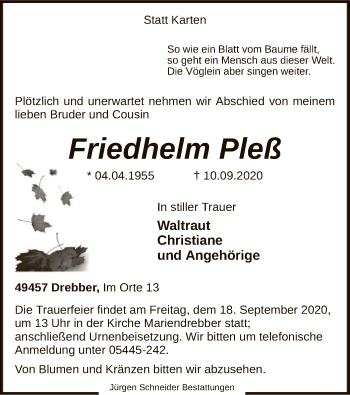 Traueranzeige von Friedhelm Pleß von SYK