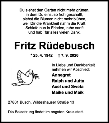 Traueranzeige von Fritz Rüdebusch von SYK