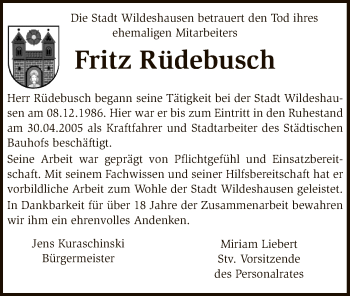 Traueranzeige von Fritz Rüdebusch von SYK