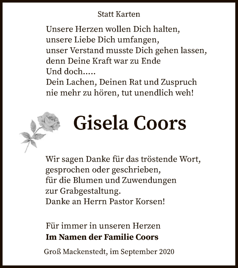  Traueranzeige für Gisela Coors vom 08.09.2020 aus SYK