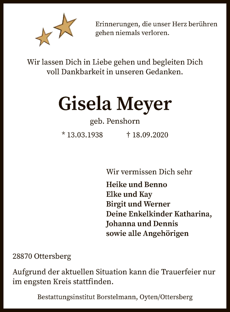  Traueranzeige für Gisela Meyer vom 22.09.2020 aus SYK