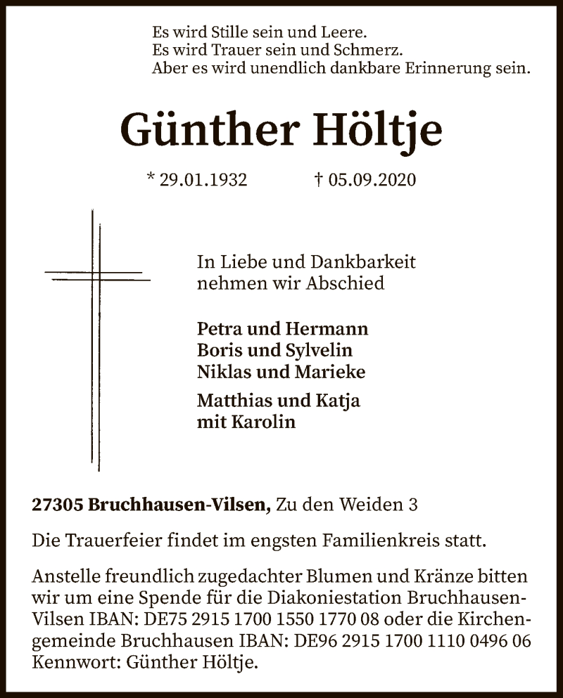  Traueranzeige für Günther Höltje vom 09.09.2020 aus SYK