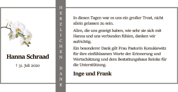Traueranzeige von Hanna Schraad von SYK