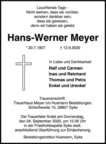 Traueranzeige von Hans-Werner Meyer von SYK