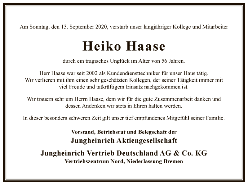  Traueranzeige für Heiko Haase vom 19.09.2020 aus SYK