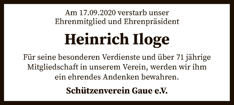  Traueranzeige für Heinrich Iloge vom 22.09.2020 aus SYK