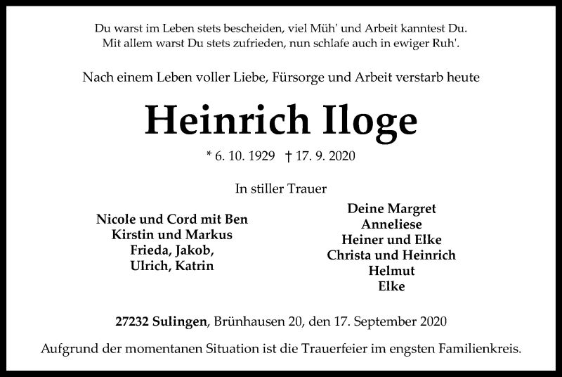  Traueranzeige für Heinrich Iloge vom 19.09.2020 aus SYK
