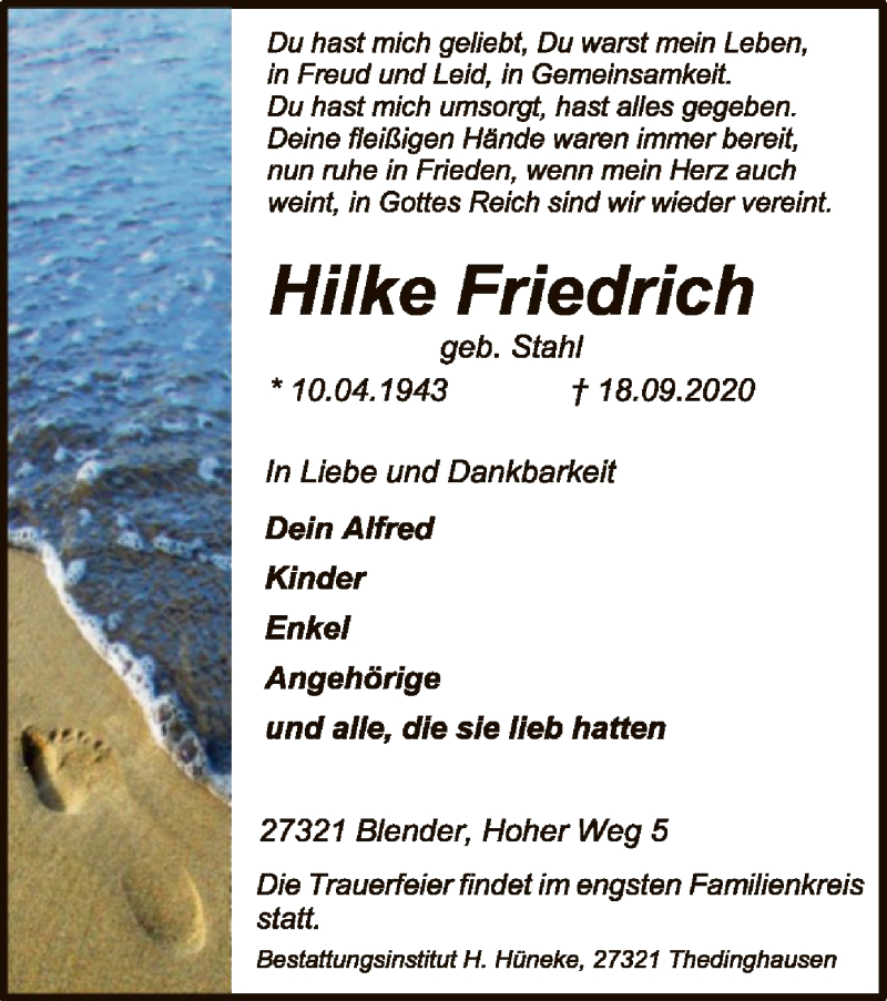  Traueranzeige für Hilke Friedrich vom 23.09.2020 aus SYK