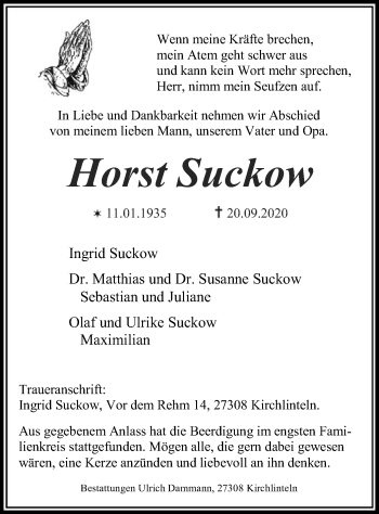 Traueranzeige von Horst Suckow von SYK