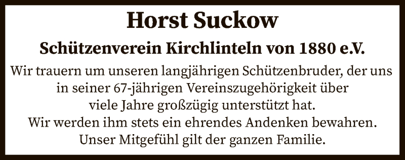  Traueranzeige für Horst Suckow vom 29.09.2020 aus SYK