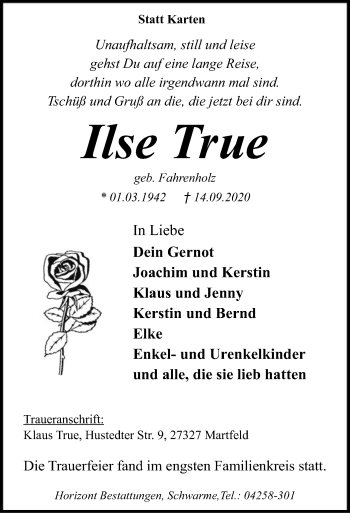 Traueranzeige von Ilse True von SYK