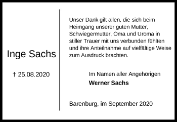 Traueranzeige von Inge Sachs von SYK