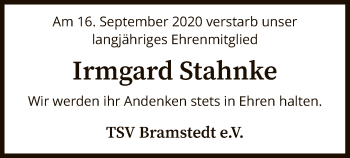 Traueranzeige von Irmgard Stahnke von SYK