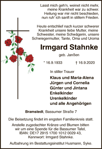 Traueranzeige von Irmgard Stahnke von SYK