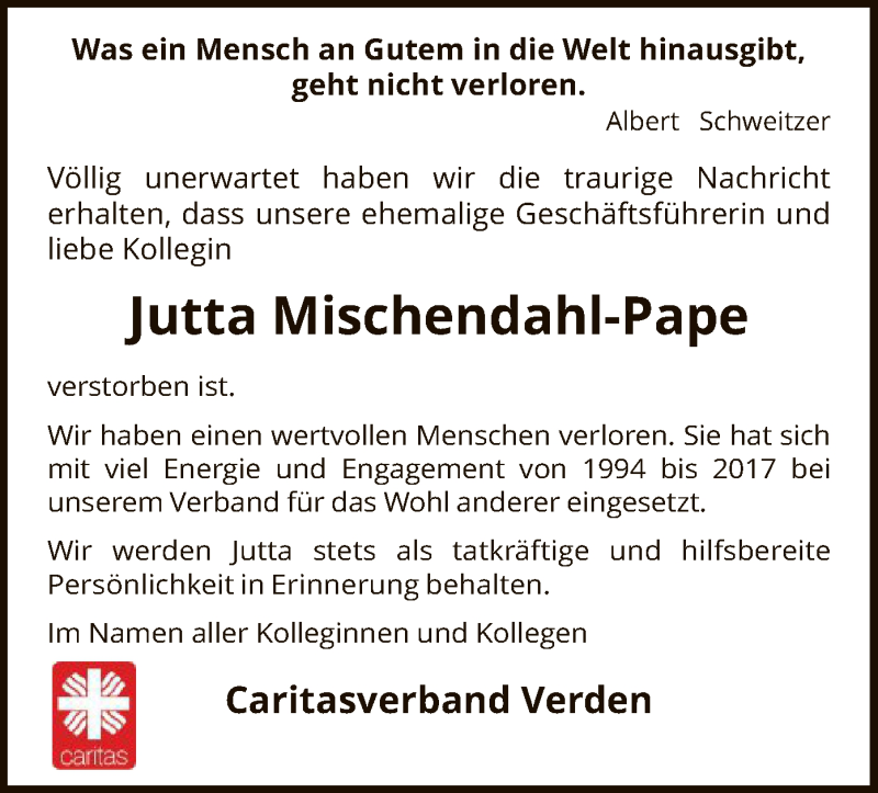  Traueranzeige für Jutta Mischendahl-Pape vom 30.09.2020 aus SYK