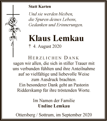 Traueranzeige von Klaus Lemkau von SYK