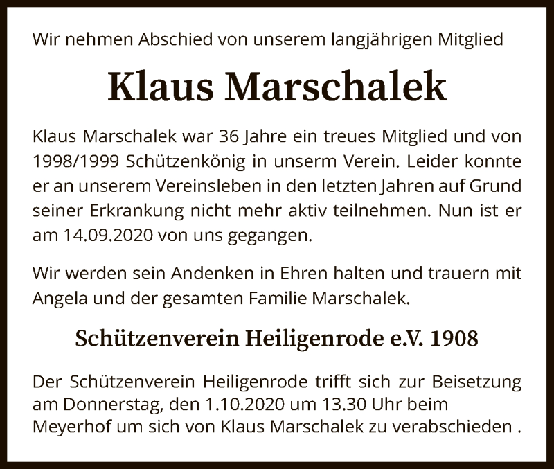  Traueranzeige für Klaus Marschalek vom 22.09.2020 aus SYK