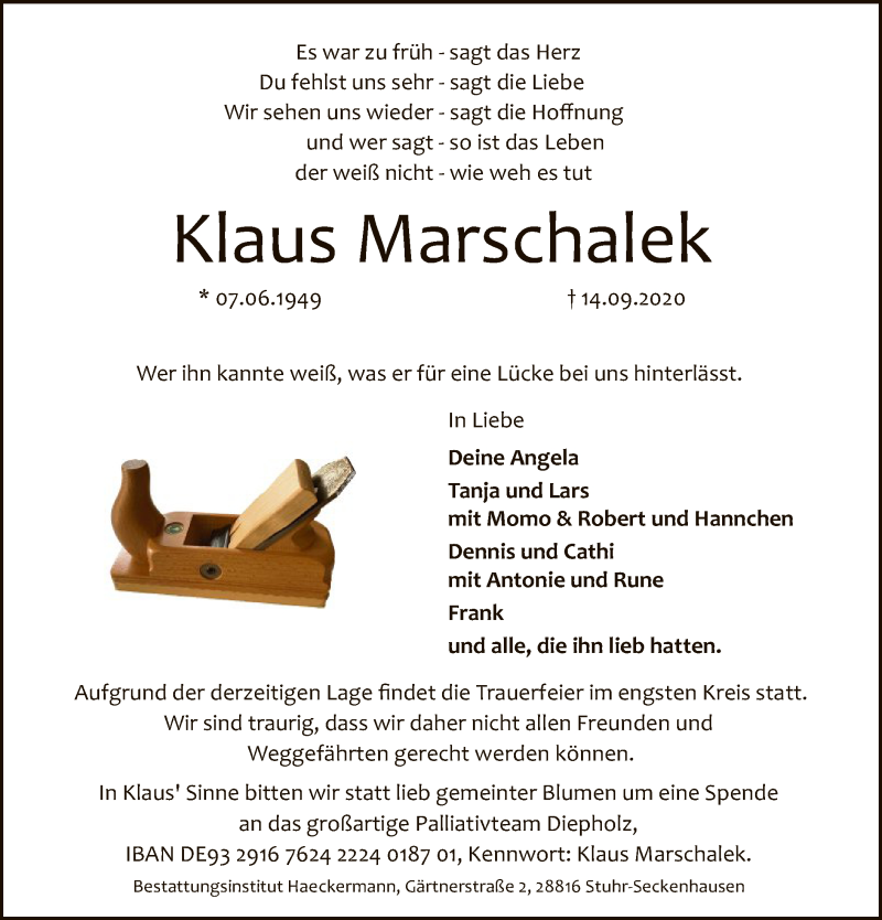  Traueranzeige für Klaus Marschalek vom 19.09.2020 aus SYK