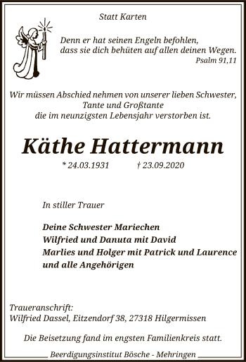 Traueranzeige von Käthe Hattermann von SYK