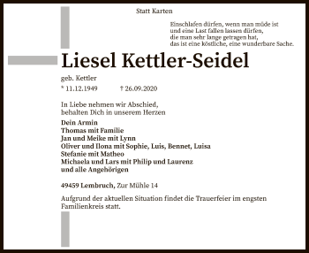 Traueranzeige von Liesel Kettler-Seidel von SYK