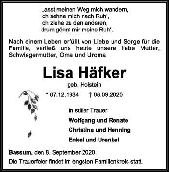 Traueranzeige von Lisa Häfker von SYK