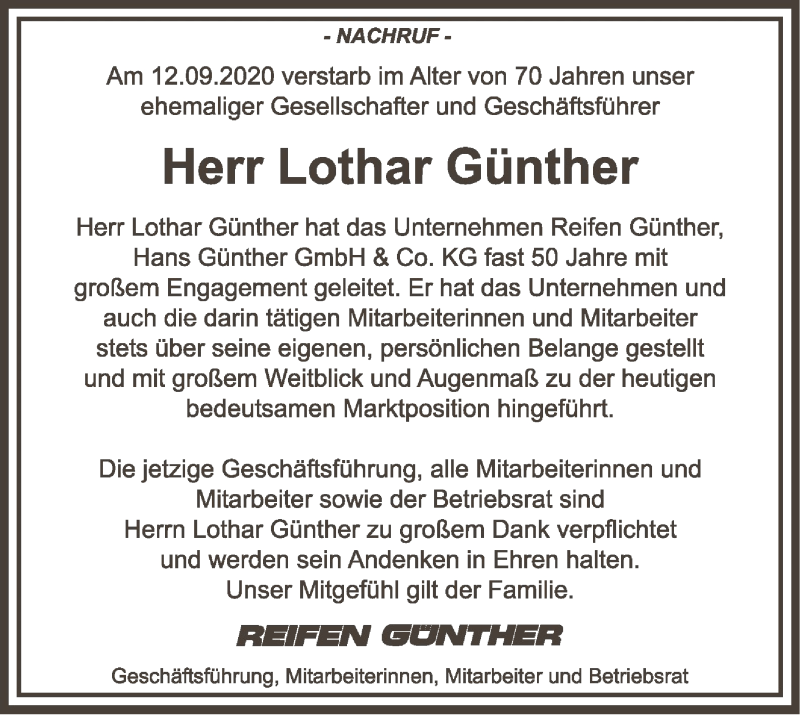  Traueranzeige für Lothar Günther vom 15.09.2020 aus SYK