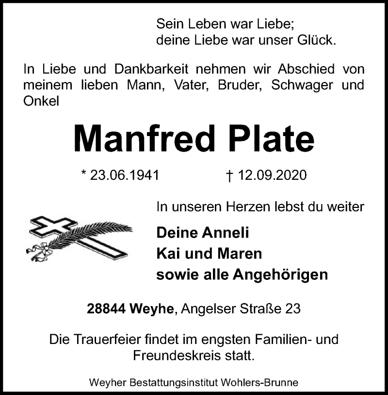  Traueranzeige für Manfred Plate vom 15.09.2020 aus SYK