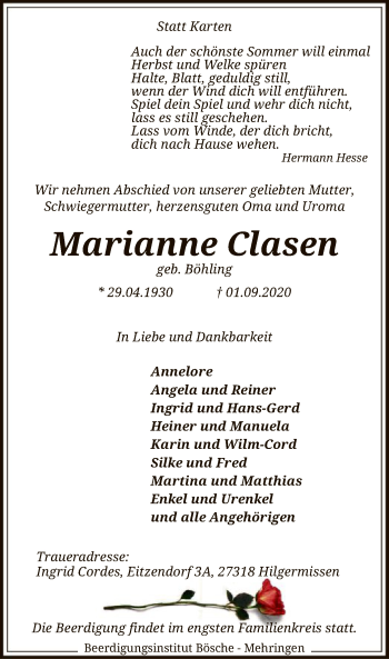 Traueranzeige von Marianne Clasen von SYK