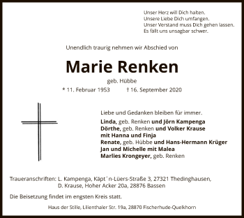 Traueranzeige von Marie Renken von SYK