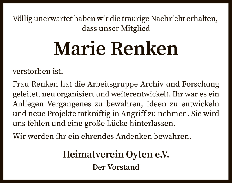  Traueranzeige für Marie Renken vom 23.09.2020 aus SYK