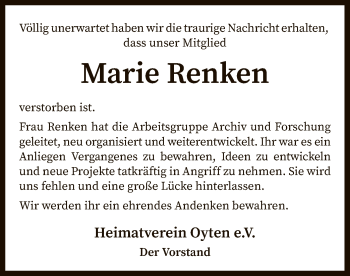 Traueranzeige von Marie Renken von SYK