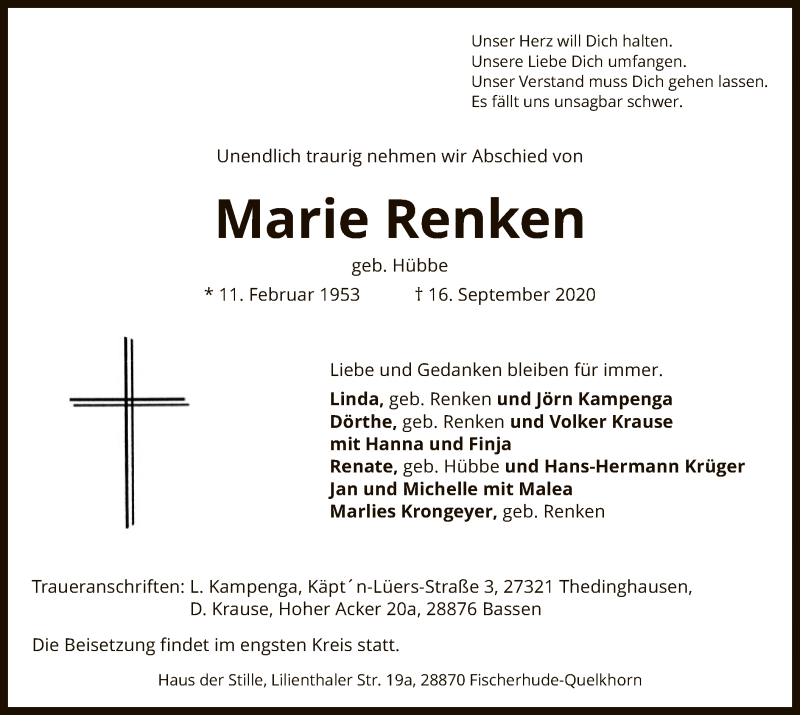  Traueranzeige für Marie Renken vom 22.09.2020 aus SYK