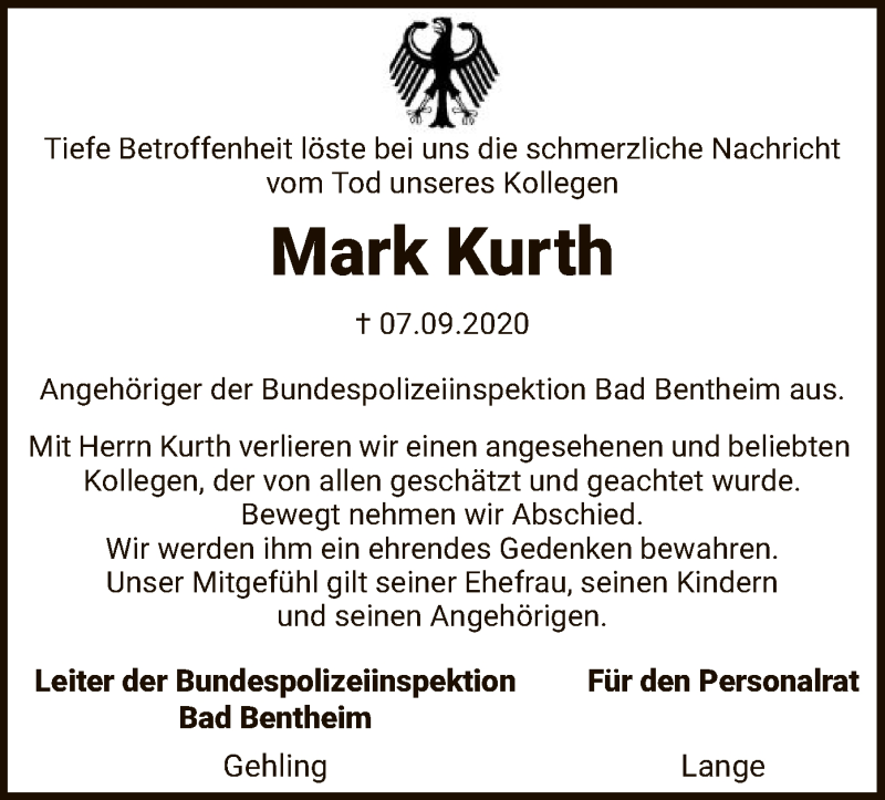  Traueranzeige für Mark Kurth vom 15.09.2020 aus SYK