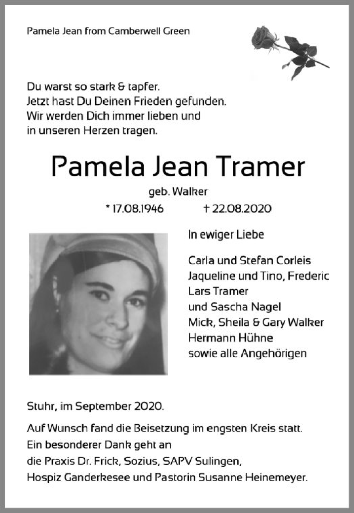  Traueranzeige für Pamela Jean Tramer vom 12.09.2020 aus SYK