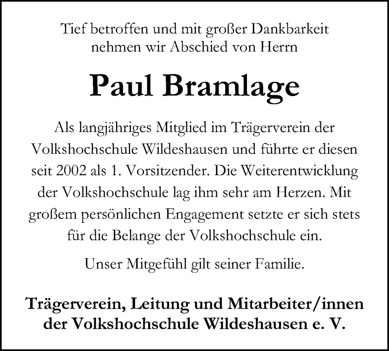  Traueranzeige für Paul Bramlage vom 29.09.2020 aus SYK