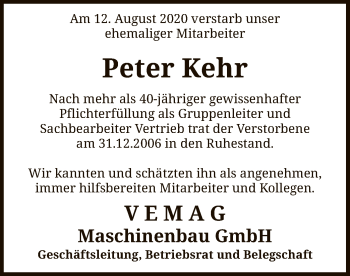 Traueranzeige von Peter Kehr von SYK