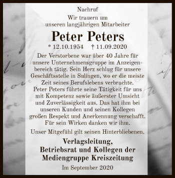 Traueranzeige von Peter Peters von SYK