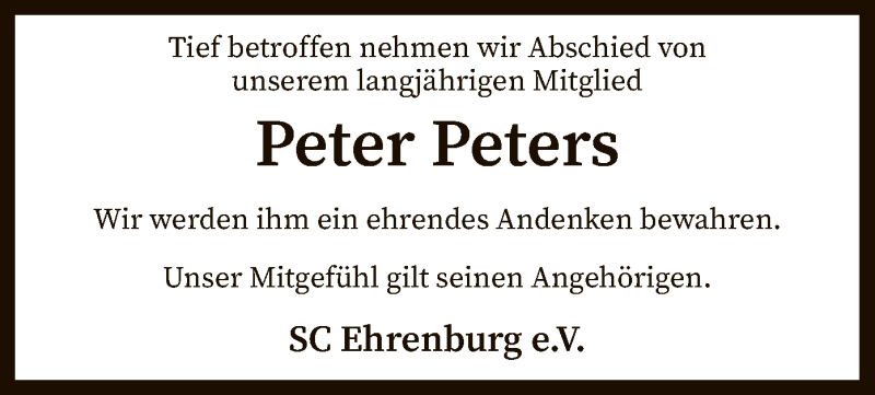  Traueranzeige für Peter Peters vom 16.09.2020 aus SYK