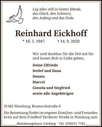 Traueranzeige von Reinhard Eickhoff von SYK