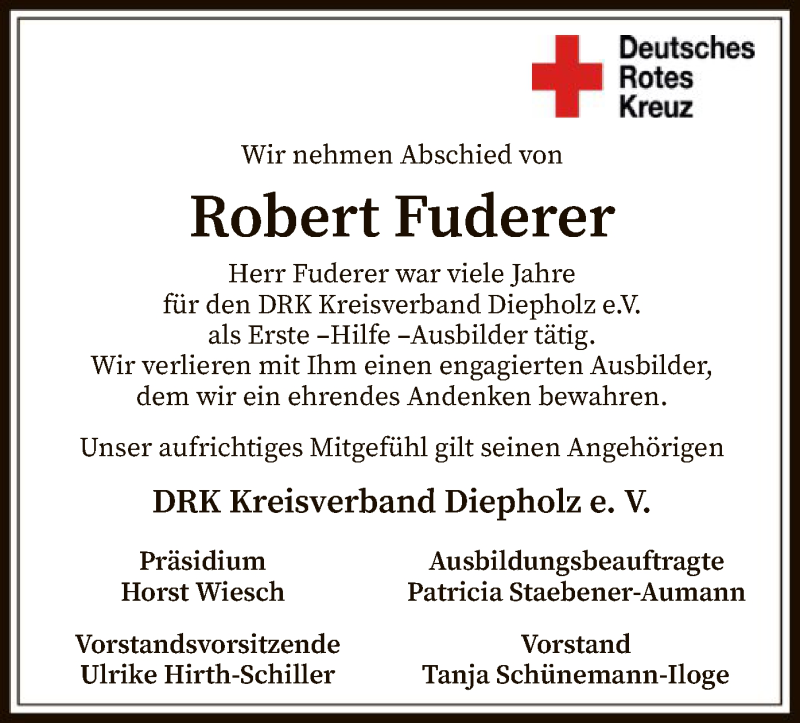  Traueranzeige für Robert Fuderer vom 25.09.2020 aus SYK