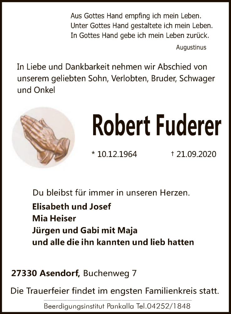  Traueranzeige für Robert Fuderer vom 25.09.2020 aus SYK