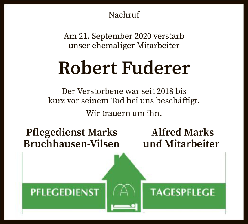  Traueranzeige für Robert Fuderer vom 26.09.2020 aus SYK