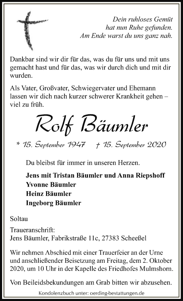  Traueranzeige für Rolf Bäumler vom 29.09.2020 aus SYK