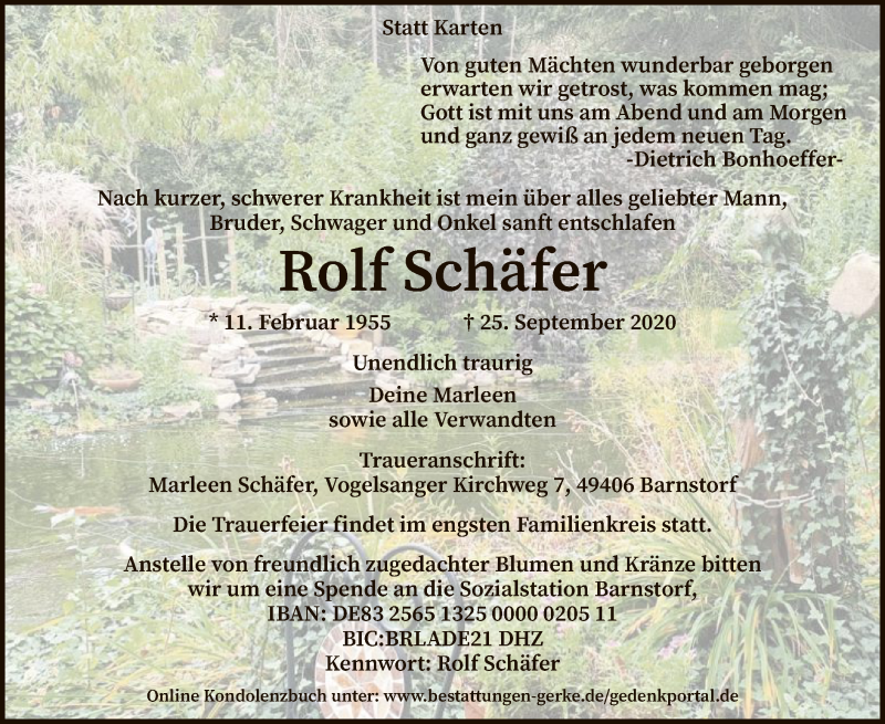  Traueranzeige für Rolf Schäfer vom 29.09.2020 aus SYK