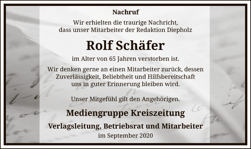  Traueranzeige für Rolf Schäfer vom 29.09.2020 aus SYK