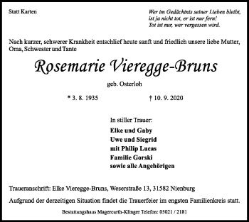 Traueranzeige von Rosemarie Vieregge-Bruns von SYK